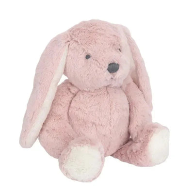 Plush pink bunny toy with floppy ears and white paws, designed for comfort and cuddling.