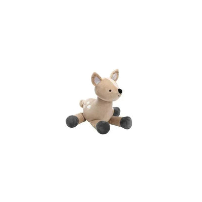 Plush toy deer in a seated position with a tan body, white spots, and gray hooves, ideal for nursery decor.