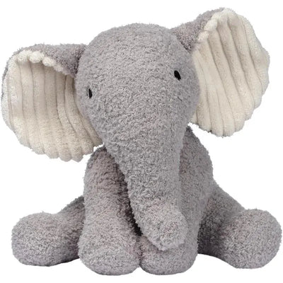 Plush gray elephant toy with textured ears and soft fur, designed for infants and toddlers.