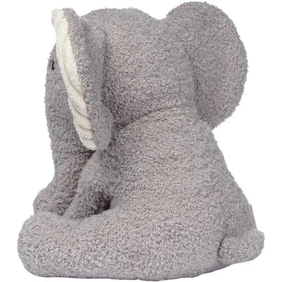 Plush gray elephant with floppy ears, featuring soft textured fabric, designed for infants and toddlers.