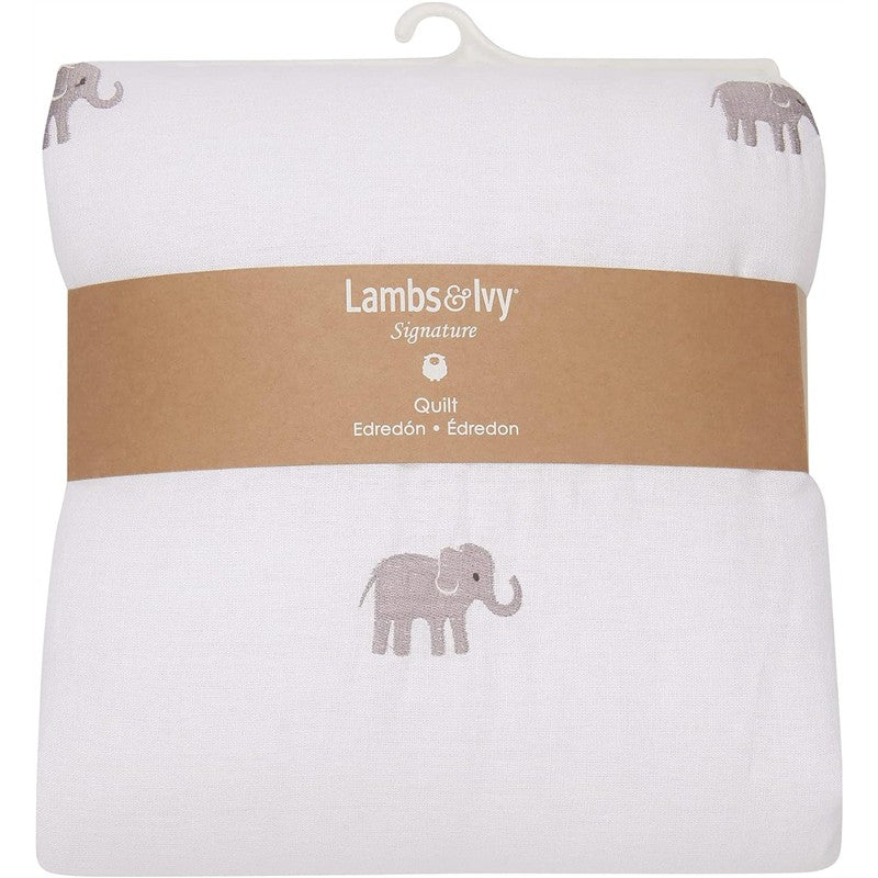 Lambs & Ivy Signature Elephant Linen Embroidered Baby Crib Quilt Image 3