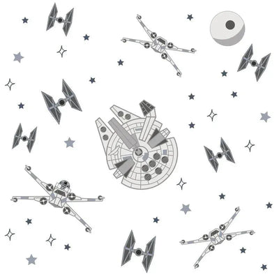 Lambs & Ivy wall decal featuring the Millennium Falcon and Tie Fighters among stars.