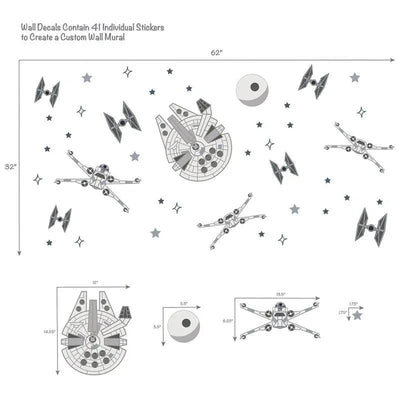 Wall decals featuring the Millennium Falcon, Tie Fighters, and stars for custom wall murals; includes dimensions and details.