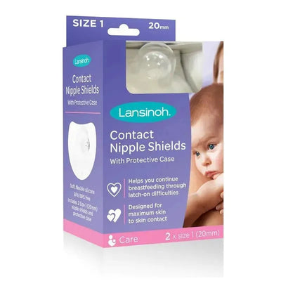 Lansinoh Contact Nipple Shields 20mm pack with protective case, designed for breastfeeding support and latch-on difficulties.