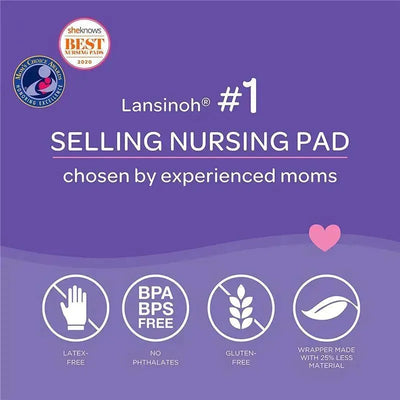Lansinoh Disposable Nursing Pads, 100 count, featuring claims of being latex-free, BPA/BPS-free, gluten-free, and made with less material.