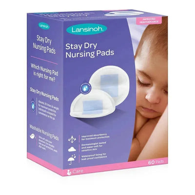 Lansinoh Stay Dry Disposable Nursing Pads package, featuring two pads and text about absorbency and comfort for breastfeeding mothers.
