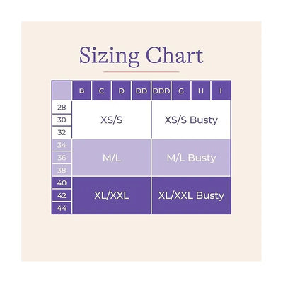 Sizing chart for Lansinoh Braverly Pumping Bra, detailing sizes XS/S, M/L, XL/XXL across breast measurements B to I.