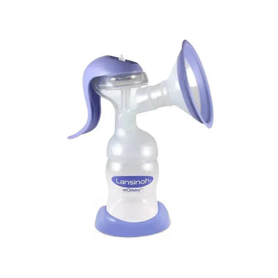 Lansinoh manual breast pump with a purple and clear design, featuring a suction cup base and funnel for milk expression.