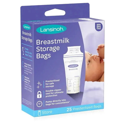 Lansinoh Breastmilk Storage Bags box, containing 25 sterilized bags with double zipper seal, for safe milk storage.