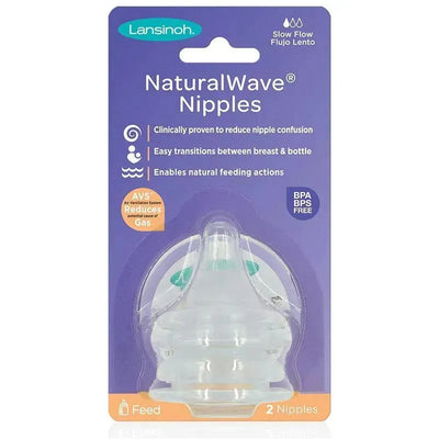 Lansinoh NaturalWAVE Silicone Baby Bottle Nipples, Slow Flow, two-pack, featuring a BPA-free design and claims to reduce nipple confusion.