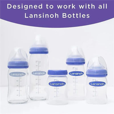 Lansinoh NaturalWAVE Silicone Baby Bottle Nipples displayed with various sizes of Lansinoh baby bottles, featuring blue caps and measurement markings.