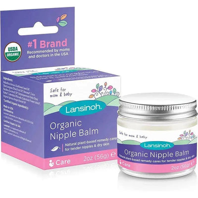Lansinoh Organic Nipple Cream 2oz in a silver jar next to its purple and pink packaging, labeled safe for mom and baby.