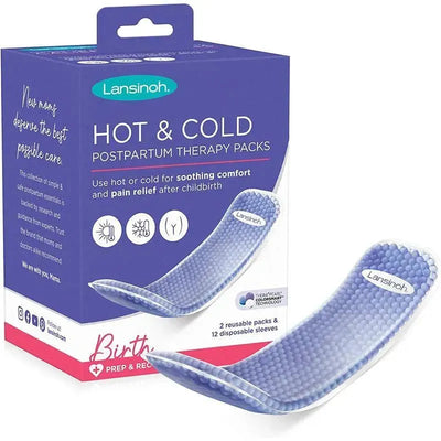 Lansinoh Hot & Cold Postpartum Therapy Packs, featuring 2 reusable packs and 12 disposable sleeves for comfort after childbirth.