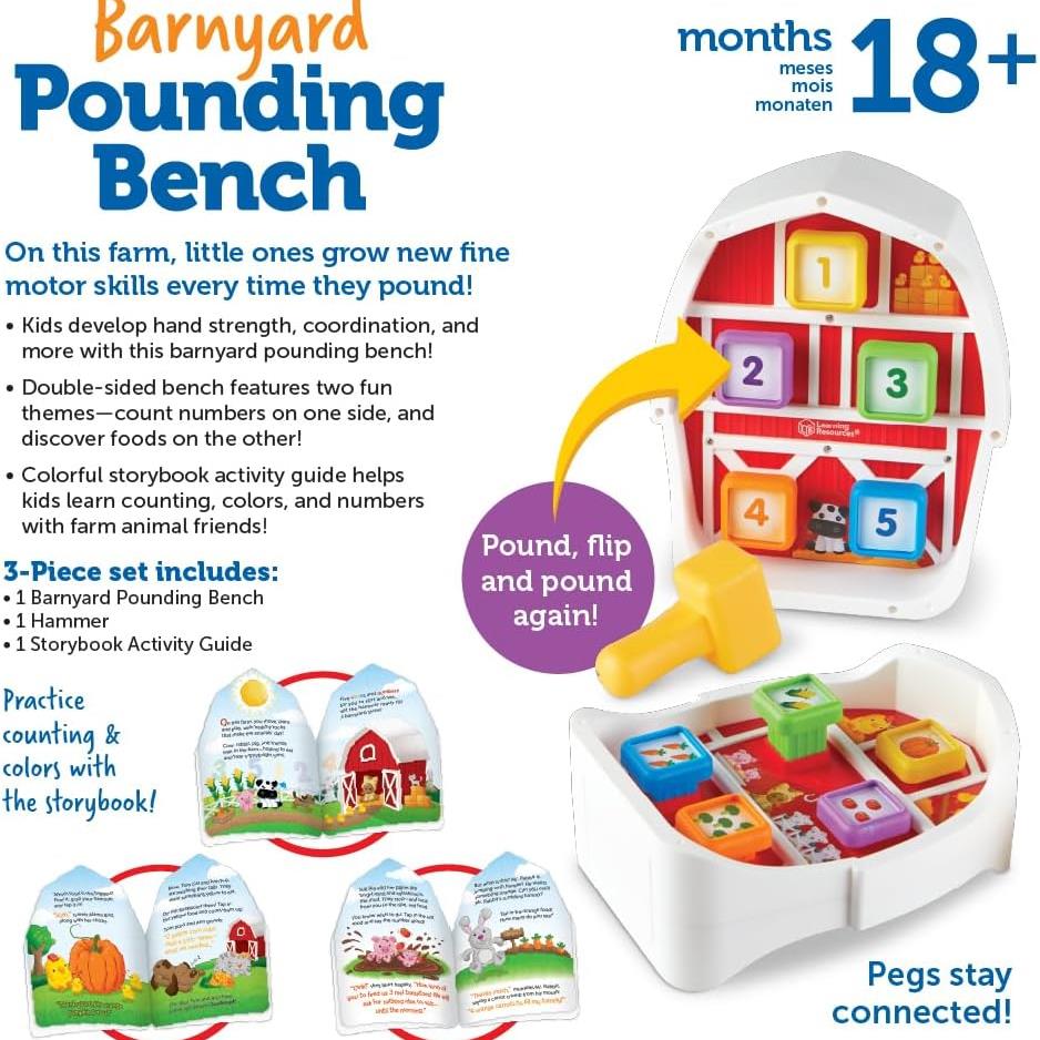 Barnyard Pounding Bench toy with a wooden hammer, colorful blocks for counting, and an activity guide for toddlers aged 18 months and up.