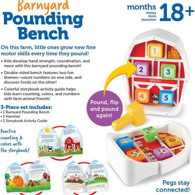 Barnyard Pounding Bench toy with a wooden hammer, colorful blocks for counting, and an activity guide for toddlers aged 18 months and up.