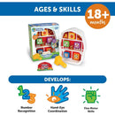 Barnyard Pounding Bench toy set with colorful animal blocks, a mallet, and packaging, promotes number recognition and fine motor skills.