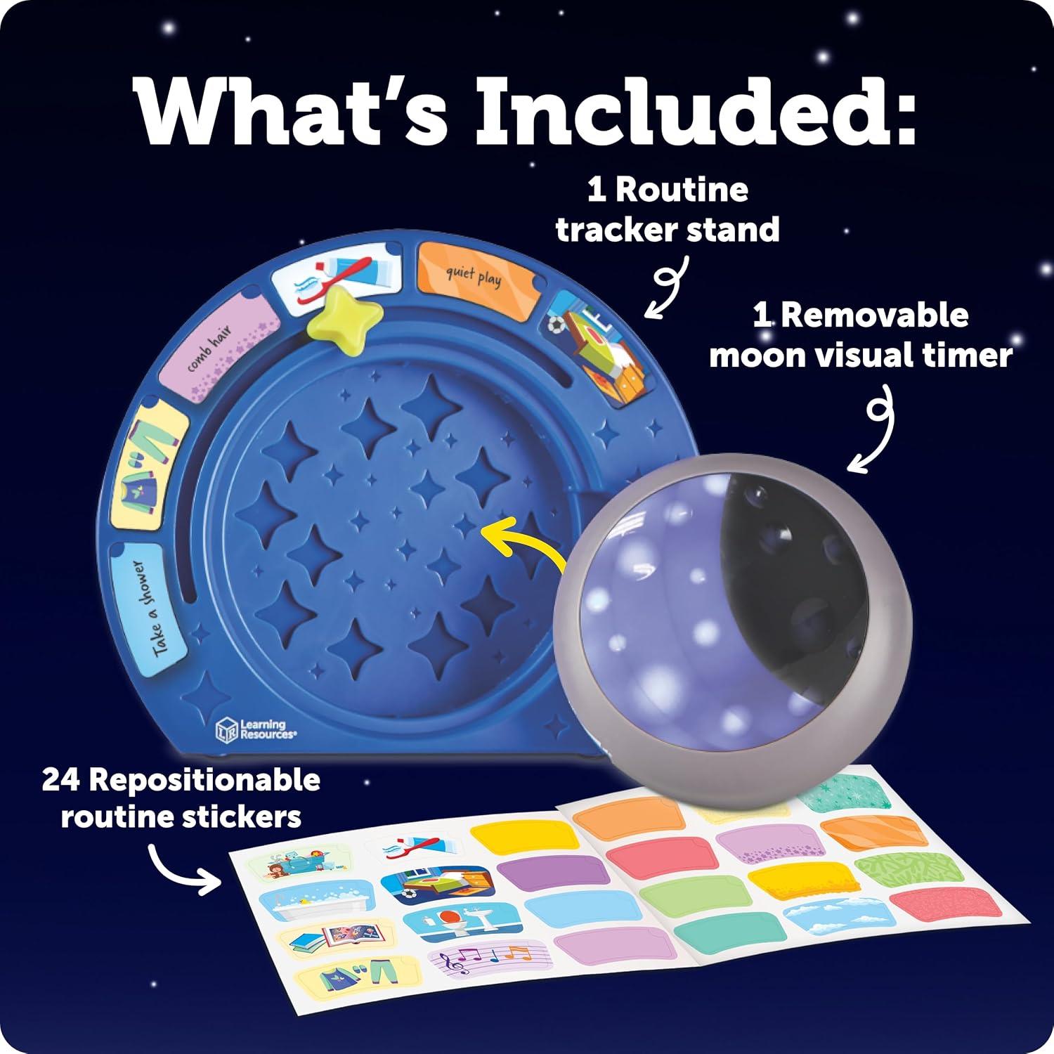 Bedtime Routines Visual Timer includes a moon visual timer, routine tracker stand, and 24 repositionable stickers.