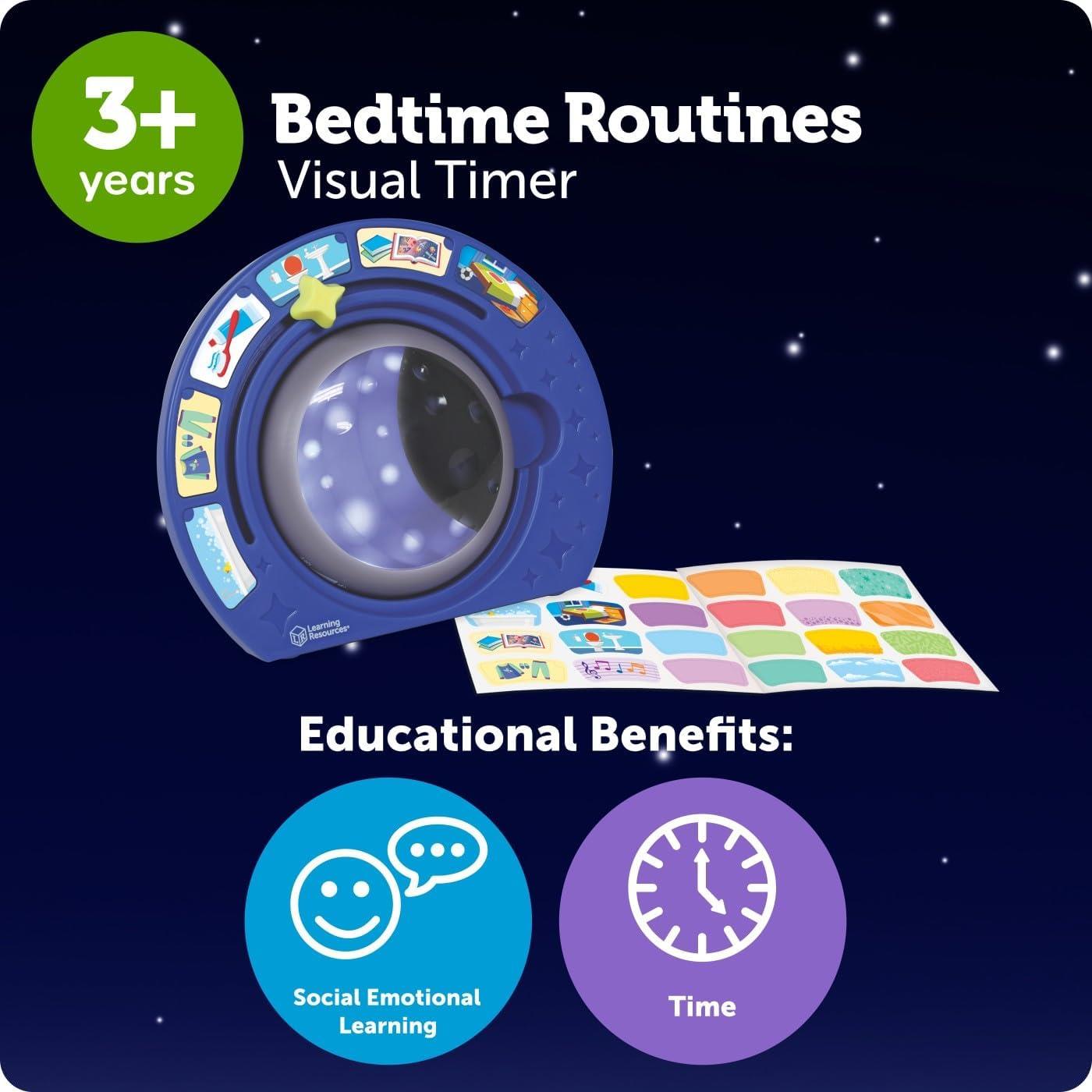Visual timer designed for bedtime routines, featuring a star-shaped design and educational benefit icons.