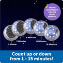 Bedtime Routines Visual Timer features five circular buttons representing countdowns of 1, 3, 5, 10, and 15 minutes.
