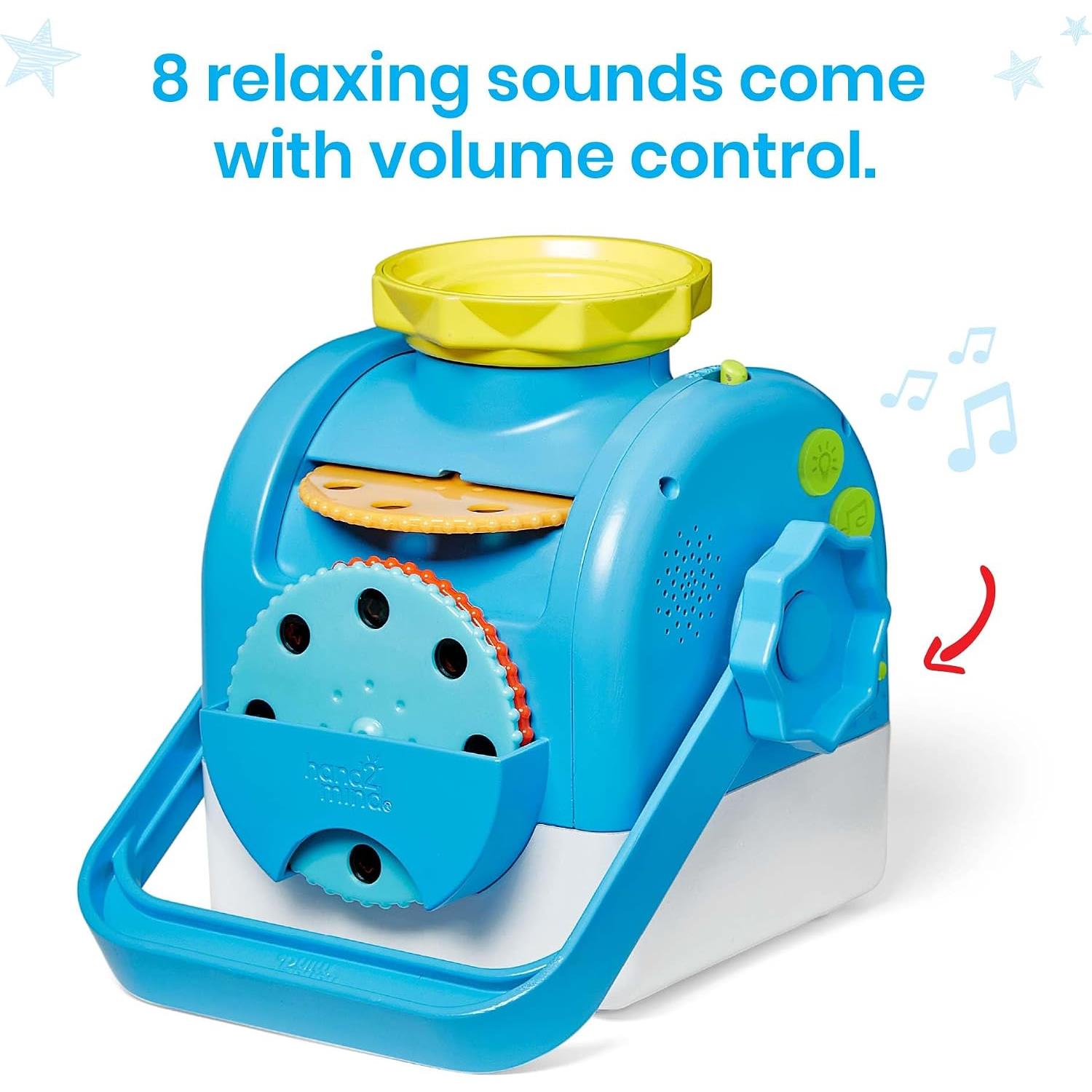 Calming Moments Projector in blue and white, featuring a yellow top, with adjustable volume and 8 relaxing sound options.