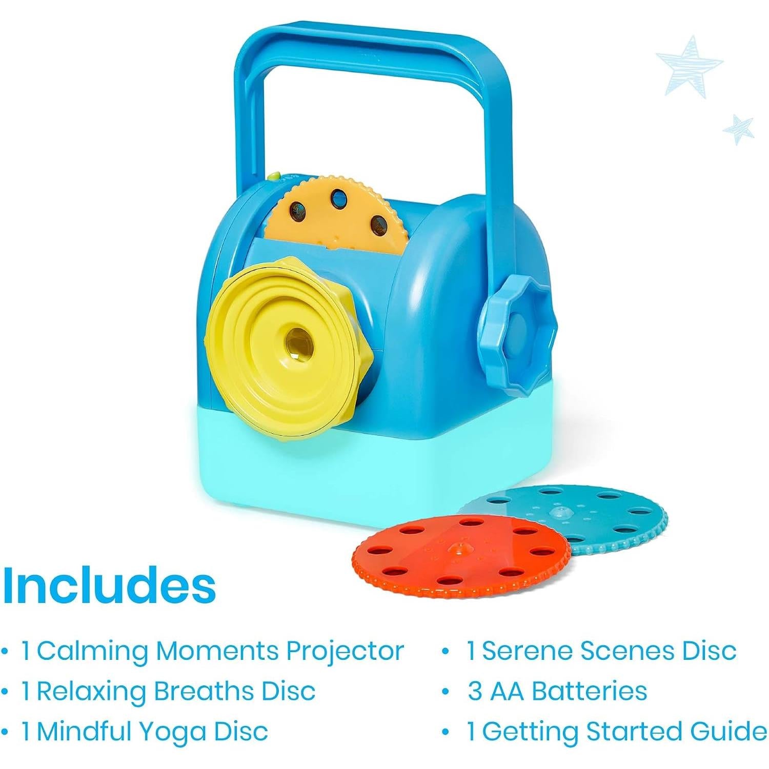 Calming Moments Projector in blue and yellow with three colored discs for relaxation and mindfulness activities.