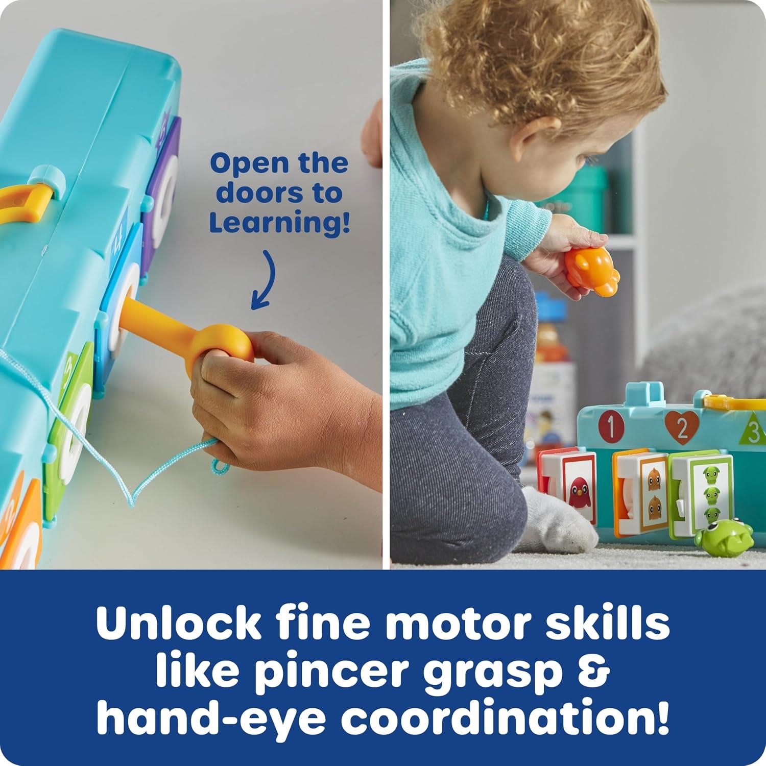 Colorful Lock & Key Clubhouse toy with a child using a key to unlock doors, promoting fine motor skills.