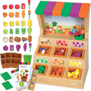 Colorful Learning Resources Mini Farmstand Sorting Set featuring fruits, vegetables, and play items in wooden bins, promoting sorting skills.