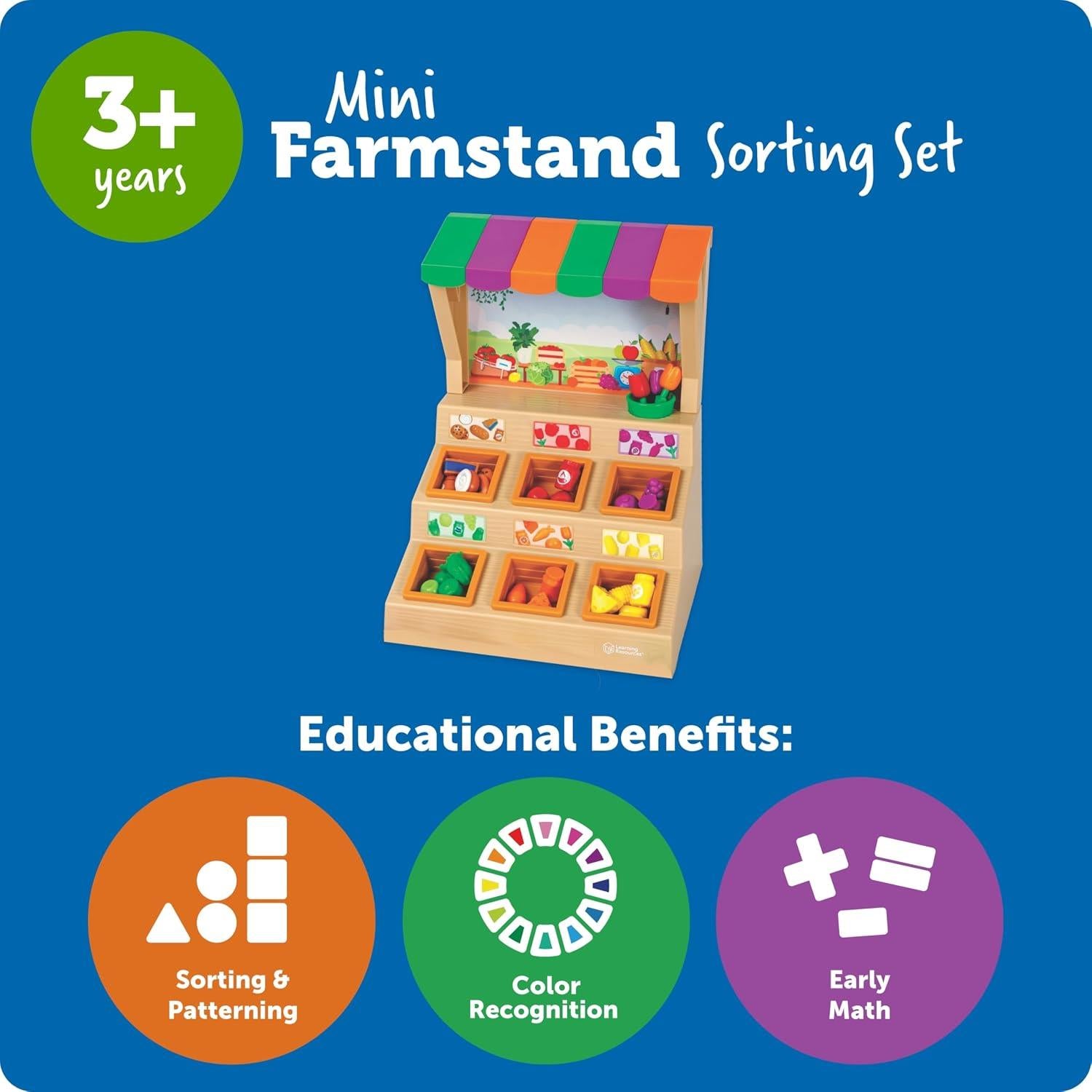 Mini Farmstand Sorting Set with colorful fruits and vegetables in bins, promoting sorting, color recognition, and early math skills.