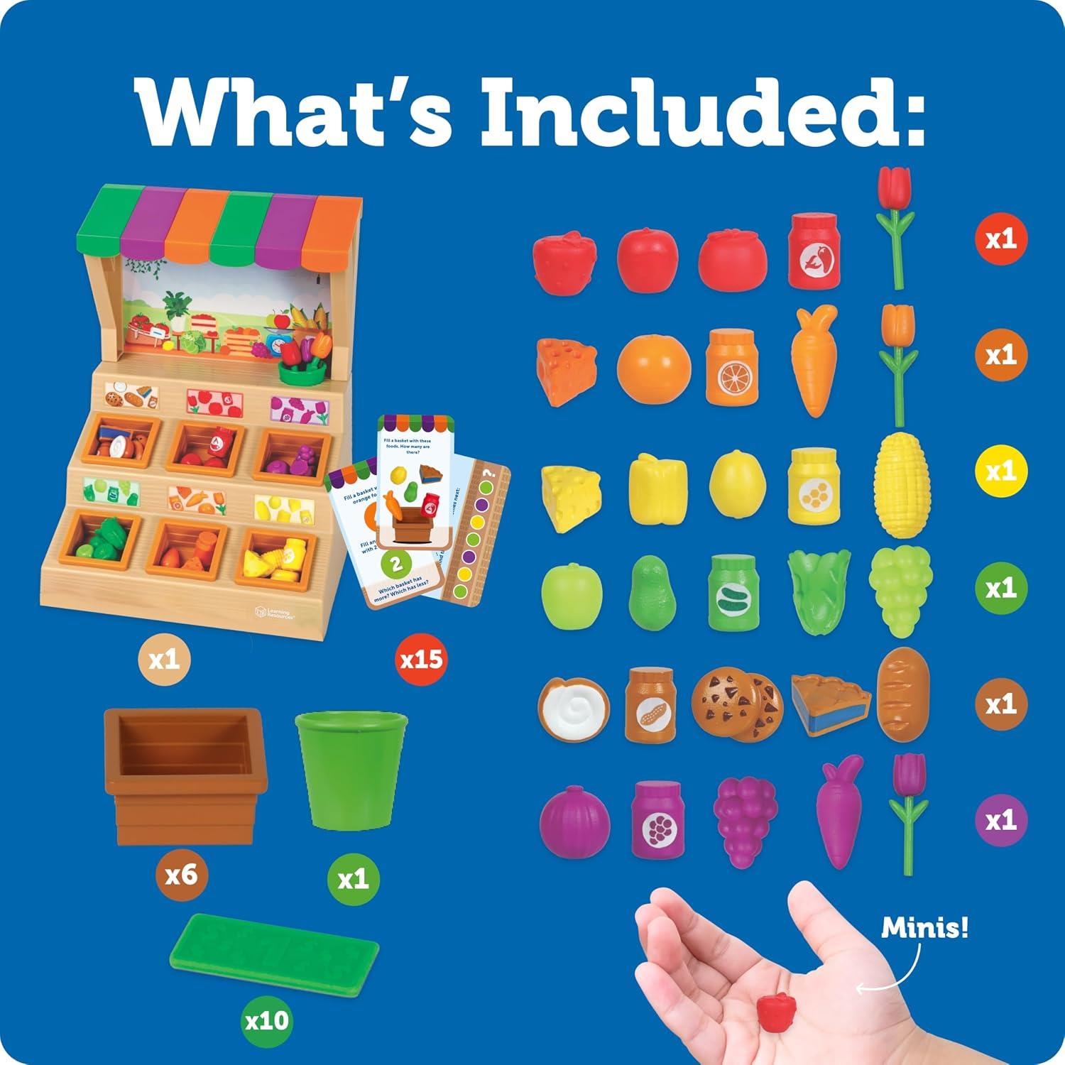 Mini Farmstand Sorting Set features a wooden farmstand with colorful fruits and vegetables, sorting bins, and counting cards.