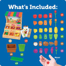 Mini Farmstand Sorting Set features a wooden farmstand with colorful fruits and vegetables, sorting bins, and counting cards.