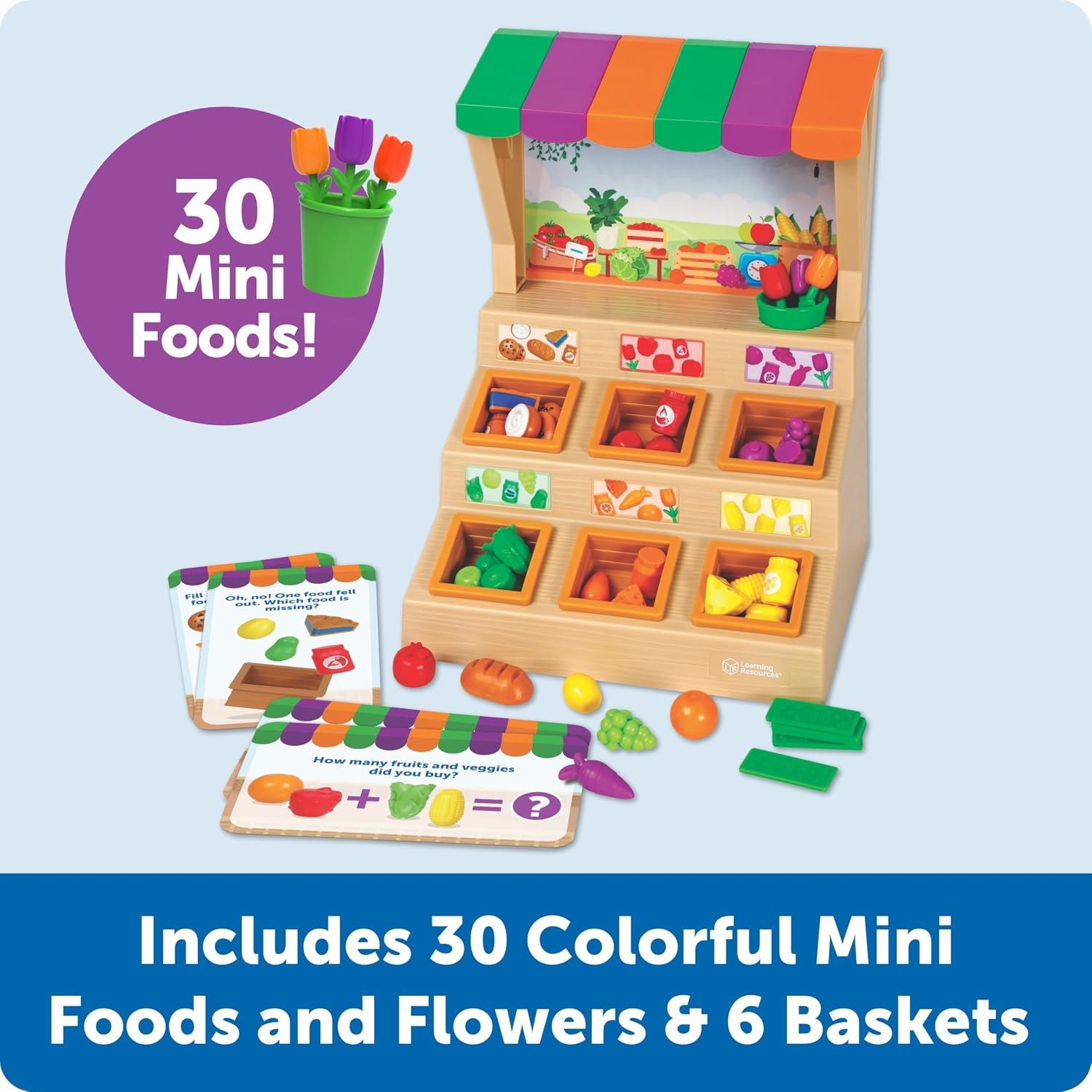 Colorful Learning Resources Mini Farmstand Sorting Set featuring 30 mini foods, flowers, and 6 baskets with sorting cards.