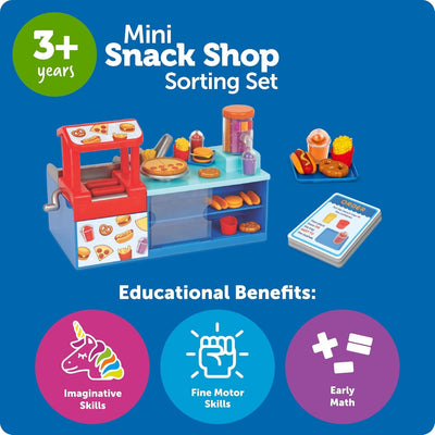 Mini Snack Shop Sorting Set features a toy food stand with assorted play food items and an order card, promoting imaginative and fine motor skills.
