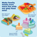 Play food set featuring New Sprouts Pizza Night with pizza, tacos, and birthday cake toys for imaginative play.