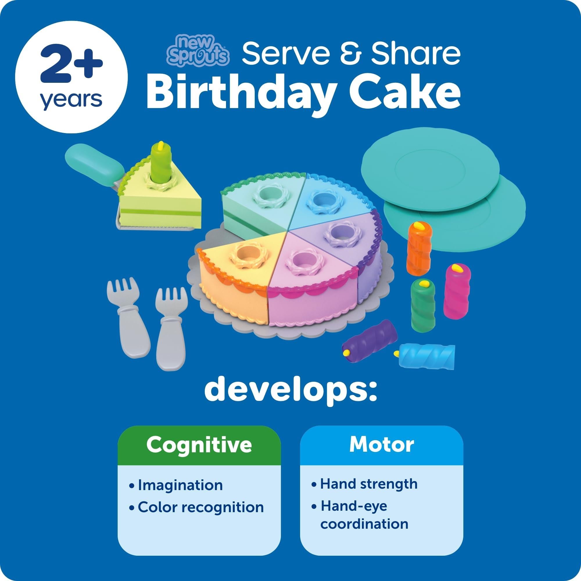 Colorful plastic birthday cake set with slices, forks, plates, and development skill descriptions for ages 2+.