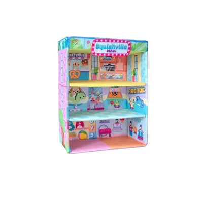 Large Squishville playset house featuring multiple levels with arcade, pizza shop, and colorful decorations.
