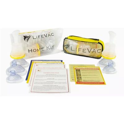 LifeVac Home Kit and Travel Kit Bundle, including suction devices, instructional documents, and a yellow storage bag.