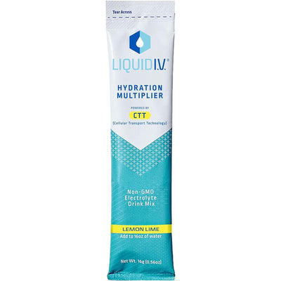 Liquid IV Lemon Lime hydration multiplier drink mix packet, 16g, with non-GMO electrolytes, adds to 16 oz of water.