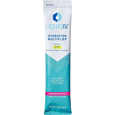 Liquid IV Hydration Multiplier in Passion Fruit flavor, 16g sachet, highlights non-GMO electrolytes and mix instructions.
