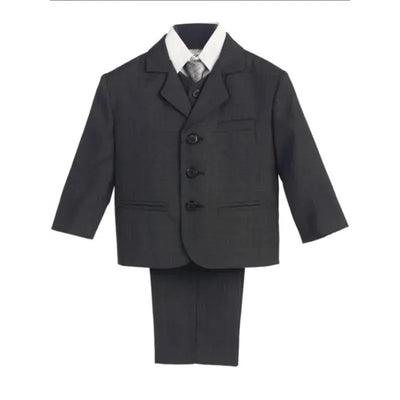Dark grey 5-piece suit for boys, including a jacket, vest, dress shirt, and tie, featuring three buttons and matching trousers.