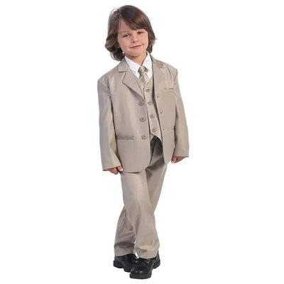 Boy wearing a khaki 3-button suit with waistcoat, white shirt, and tie, styled for formal occasions.