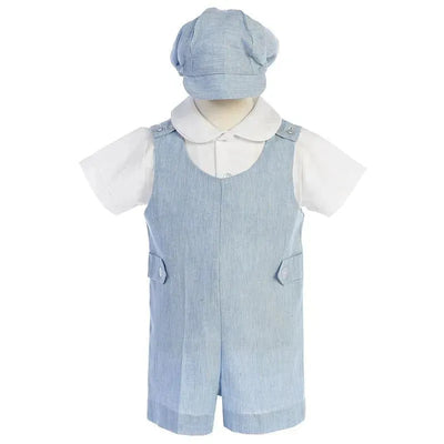 Cotton linen overall set in blue with a short-sleeve white shirt and matching hat, designed for children.
