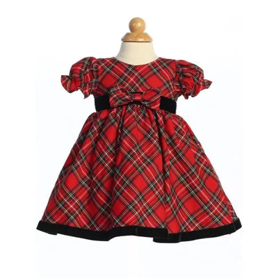 Red, green, and black plaid Christmas dress with puff sleeves, velvet ribbon, and a bow at the waist.