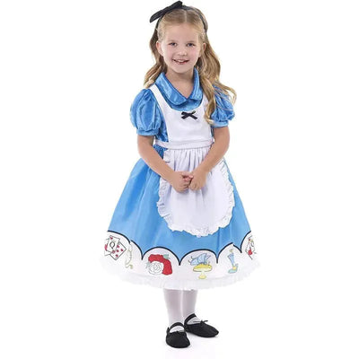 Little Adventures Alice Princess Dress Up Costume features a smiling girl in a blue dress with puffed sleeves, white apron, and black bow.