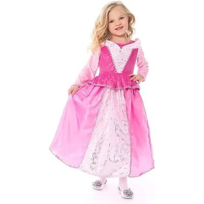 A young girl wearing a pink Sleeping Beauty princess dress, featuring a flowing skirt and sparkly detailing.