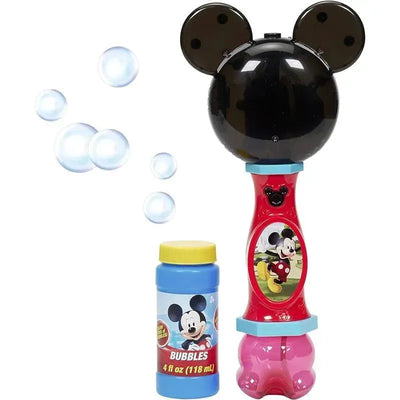 Light and sound musical bubble wand featuring Mickey Mouse design, with bubbles floating nearby and a bottle of bubble solution.