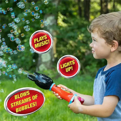 Child using a Disney Mickey Mouse Light & Sound Musical Bubble Wand, blowing bubbles in a grassy outdoor setting.