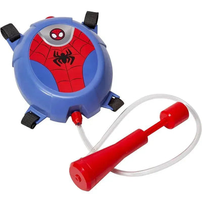 Spider-Man themed water backpack for kids, featuring a blue design with a spider emblem and a red nozzle for drinking.