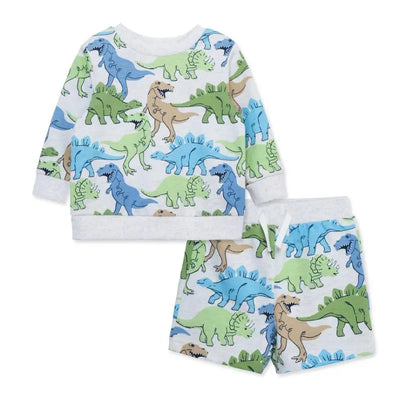 Two-piece baby boy active set featuring a dinosaur print, including a long-sleeve shirt and matching shorts.