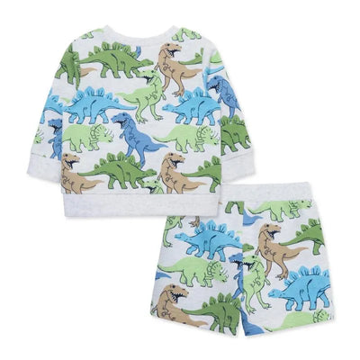 Two-piece baby boy active set featuring a long-sleeve shirt and shorts with colorful dinosaur prints.