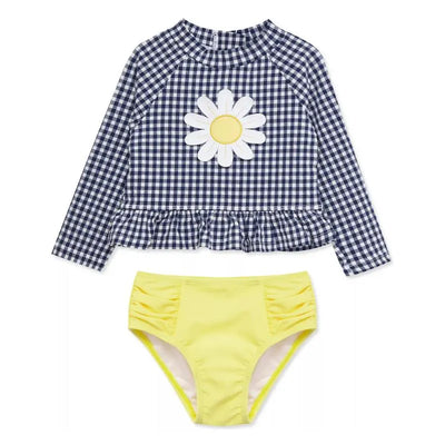 Navy gingham long-sleeve rashguard with a white daisy graphic and a yellow swim bottom with ruched sides.